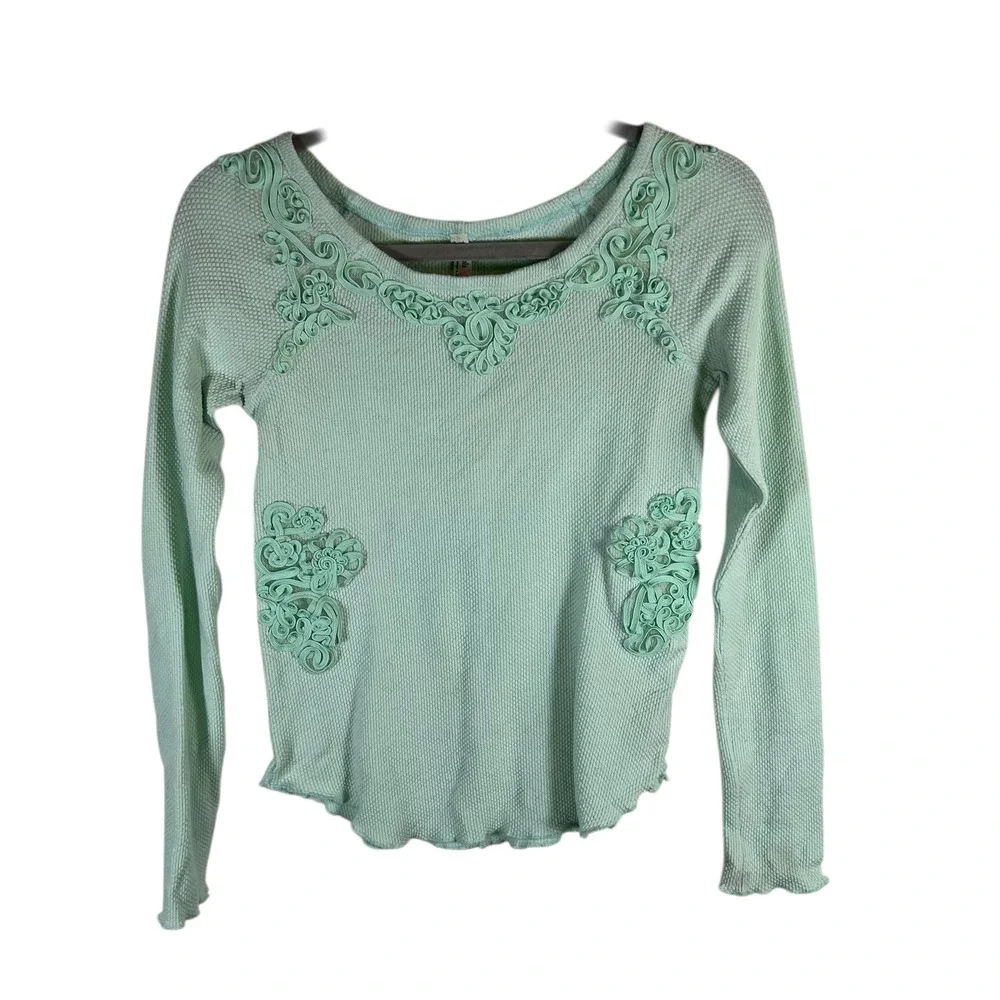 Free People Mint Green‎ Thermal Waffle Knit Soutache Applique Top Medium Boho